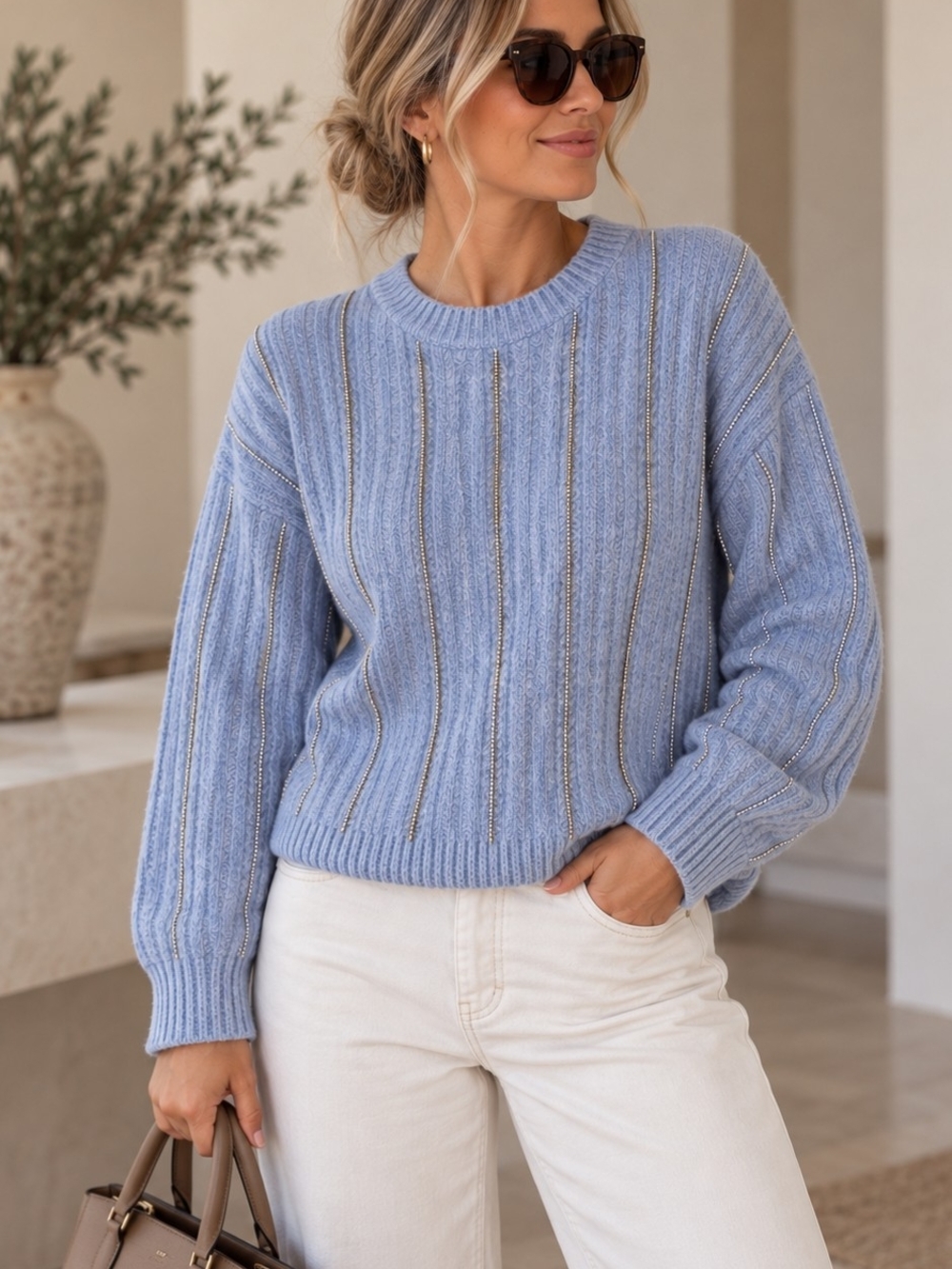 Nine West Light Blue Ribbed Crew Sweater with Metallic Stripes